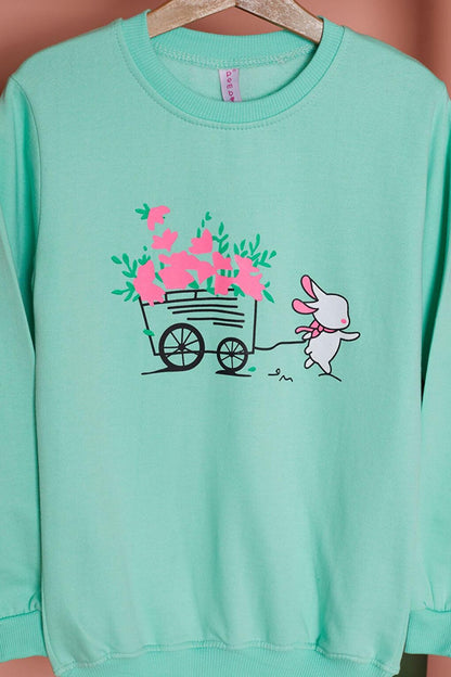 Green Floral Rabbit Printed Girl's Sweatshirt 17276