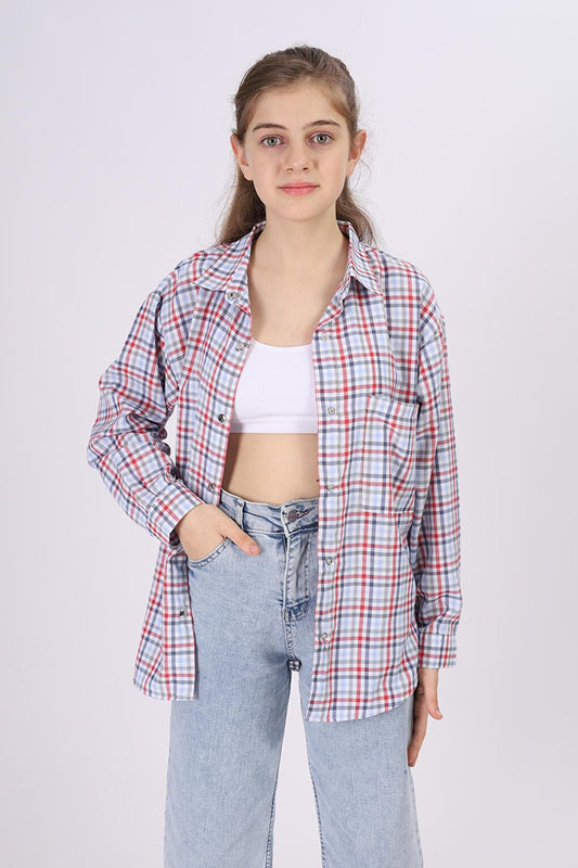 Girl's Piti Square Patterned Plaid Shirt 9-14 Years Lx180-1