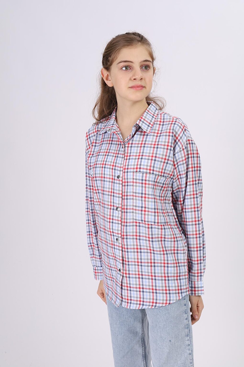 Girl's Piti Square Patterned Plaid Shirt 9-14 Years Lx180-1