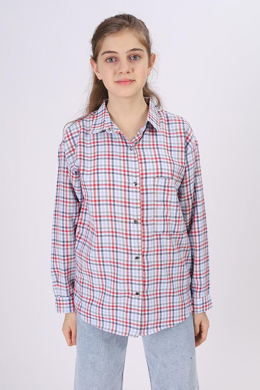 Girl's Piti Square Patterned Plaid Shirt 9-14 Years Lx180-1