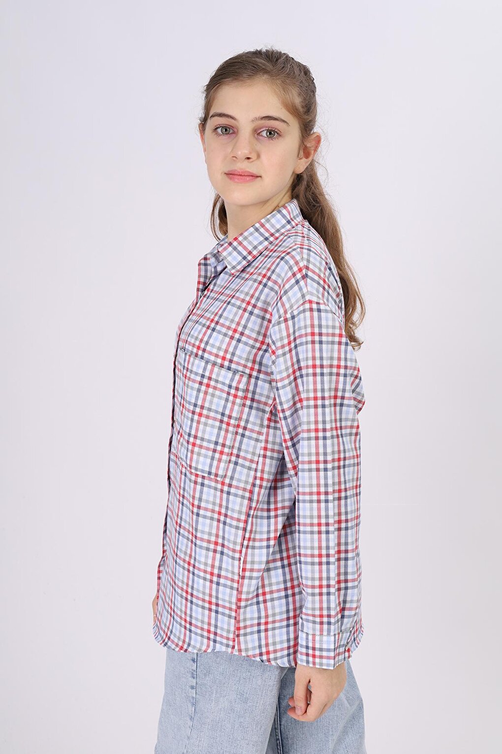 Girl's Piti Square Patterned Plaid Shirt 9-14 Years Lx180-1