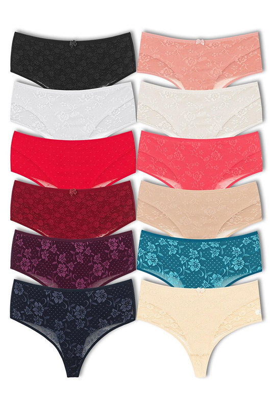 Cotton Front Double Layer Lez Lace High Waist Thong Women's Panties 12 Piece