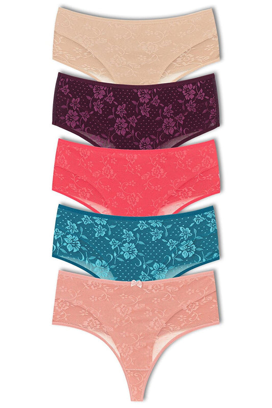 Cotton Front Double Layer Lez Lace High Waist Thong Women's Panties 5 Piece