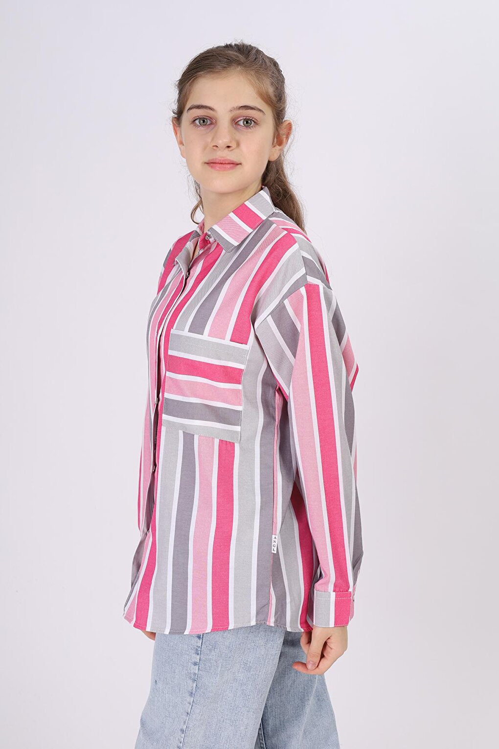 Girl's Stripe Patterned Plaid Shirt 9-14 Years Lx180-2