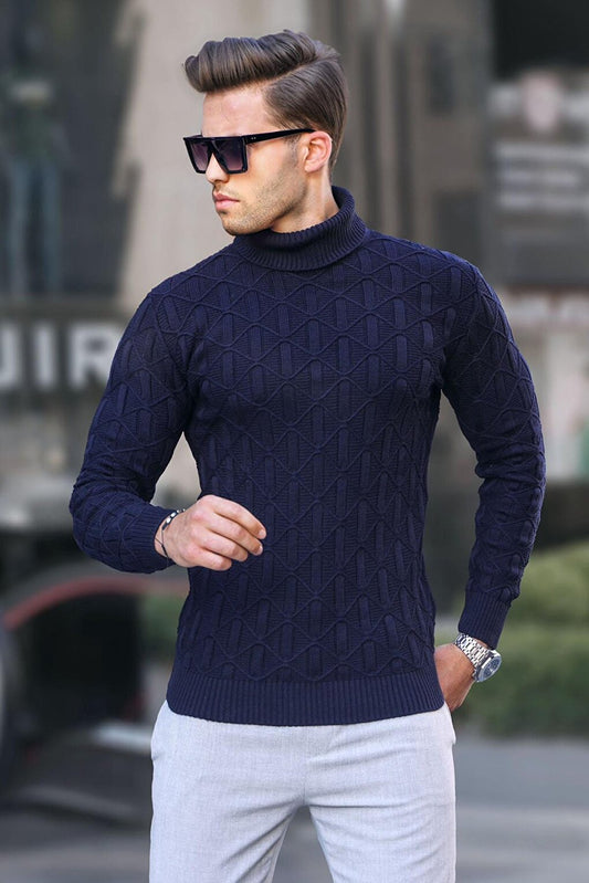 Navy Blue Turtleneck Men's Sweater 6833