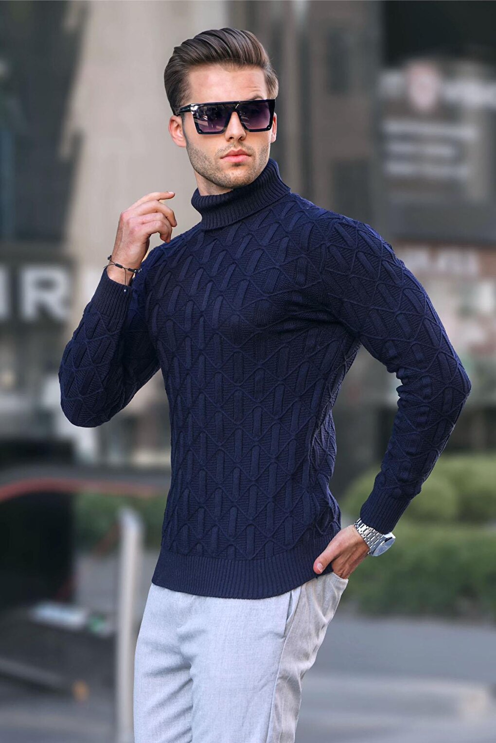 Navy Blue Turtleneck Men's Sweater 6833