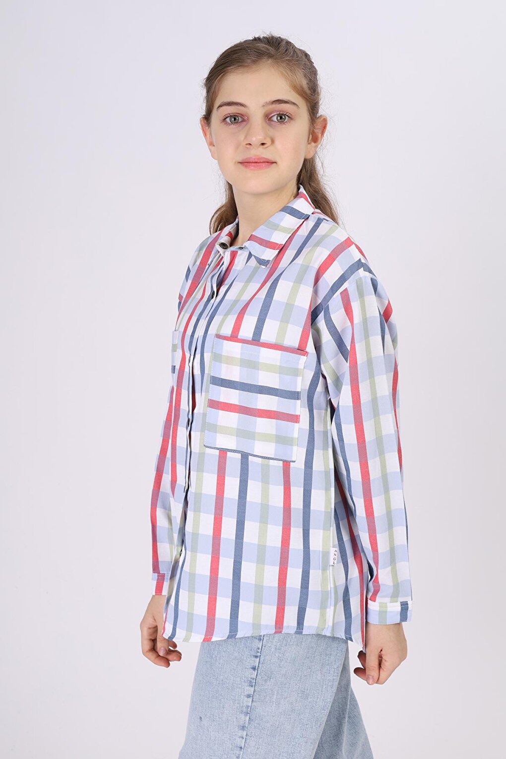 Girl's Square Patterned Plaid Shirt 9-14 Years Lx177-2