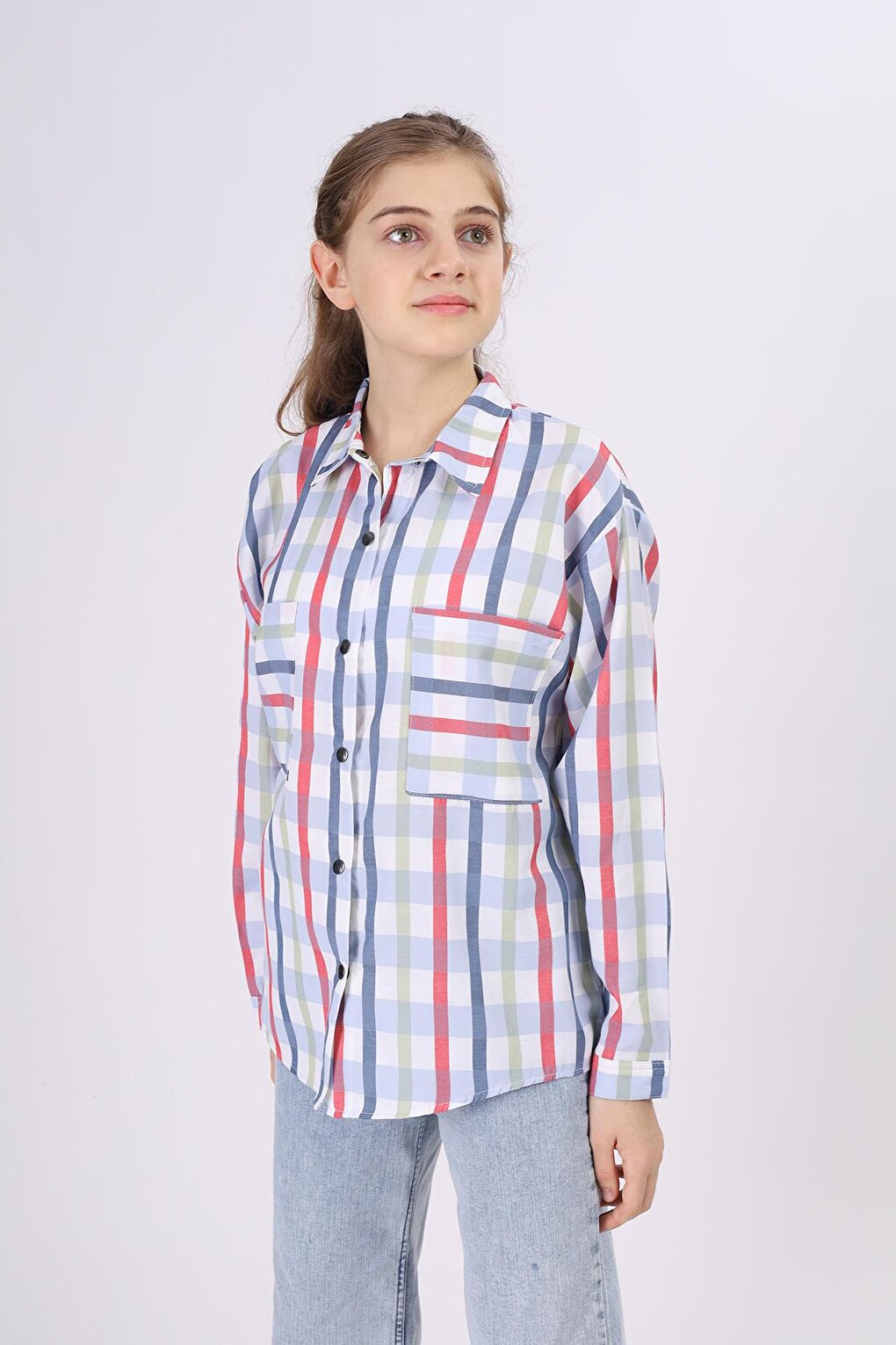 Girl's Square Patterned Plaid Shirt 9-14 Years Lx177-2