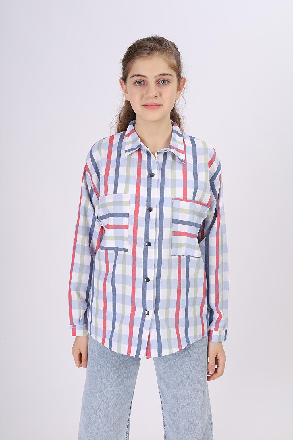 Girl's Square Patterned Plaid Shirt 9-14 Years Lx177-2