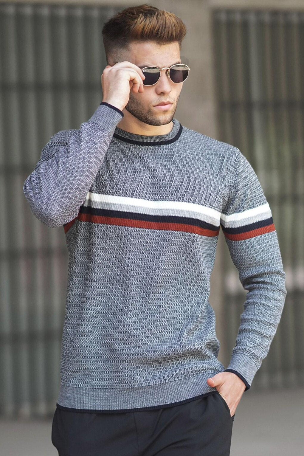 Gray Stripe Detailed Men's Sweater 5160