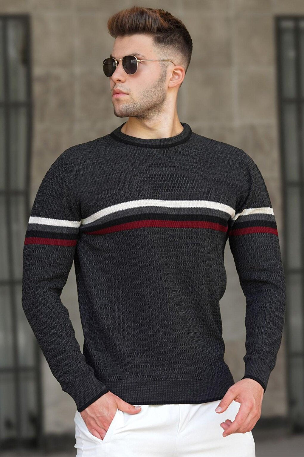 Anthracite Stripe Detailed Men's Sweater 5160