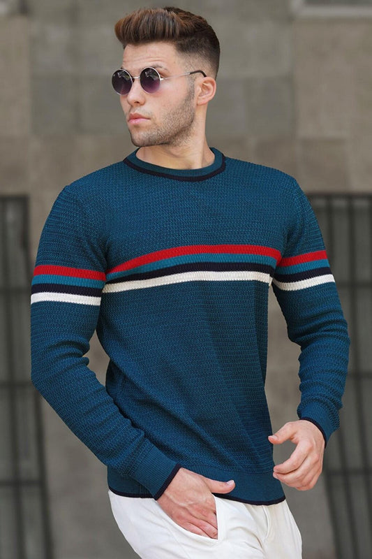 Green Stripe Detailed Men's Sweater 5160