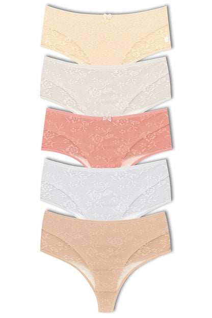 Cotton Front Double Layer Lez Lace High Waist Thong Women's Panties 5 Piece