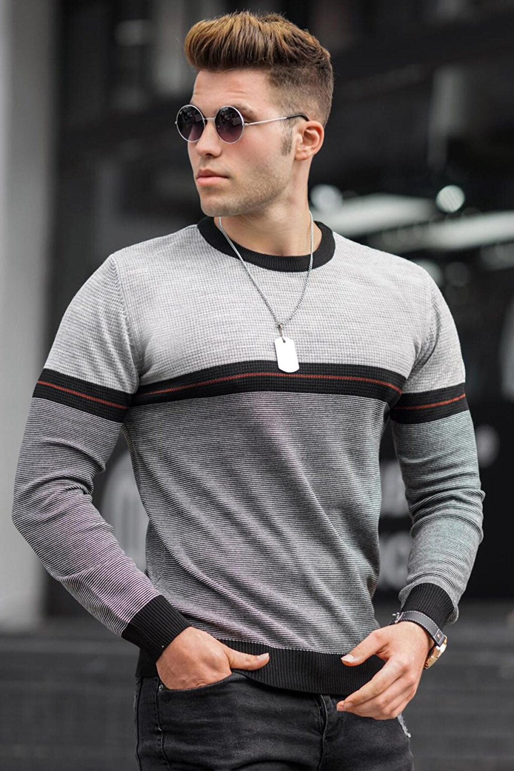 Gray Stripe Detailed Men's Sweater 5148