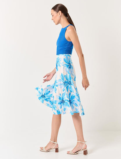 White High Waist Floral Pleated Midi Skirt