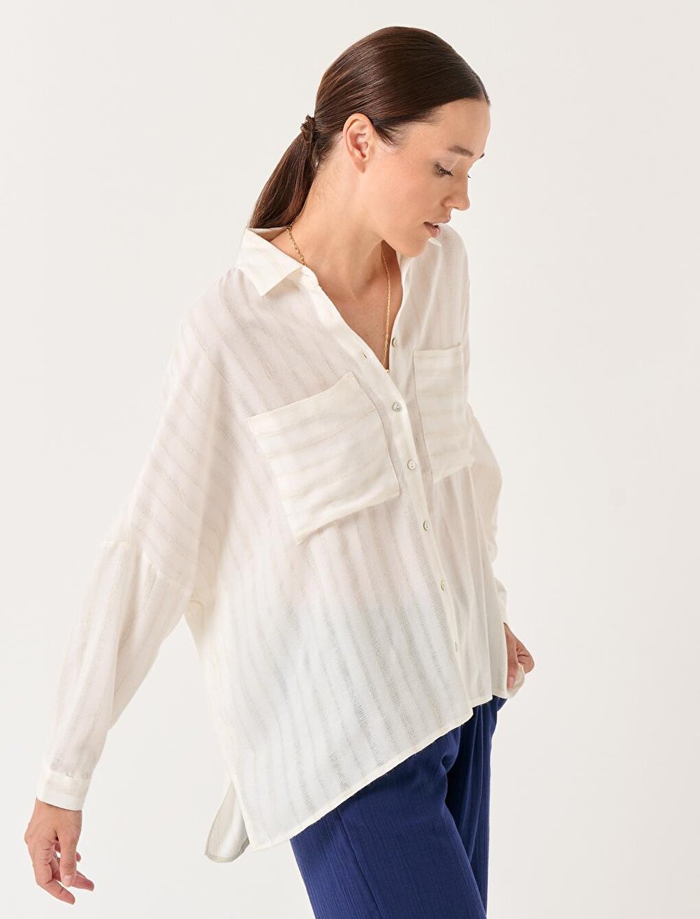 Ecru Loose Shirt Collar Woven Shirt