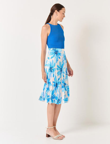 White High Waist Floral Pleated Midi Skirt