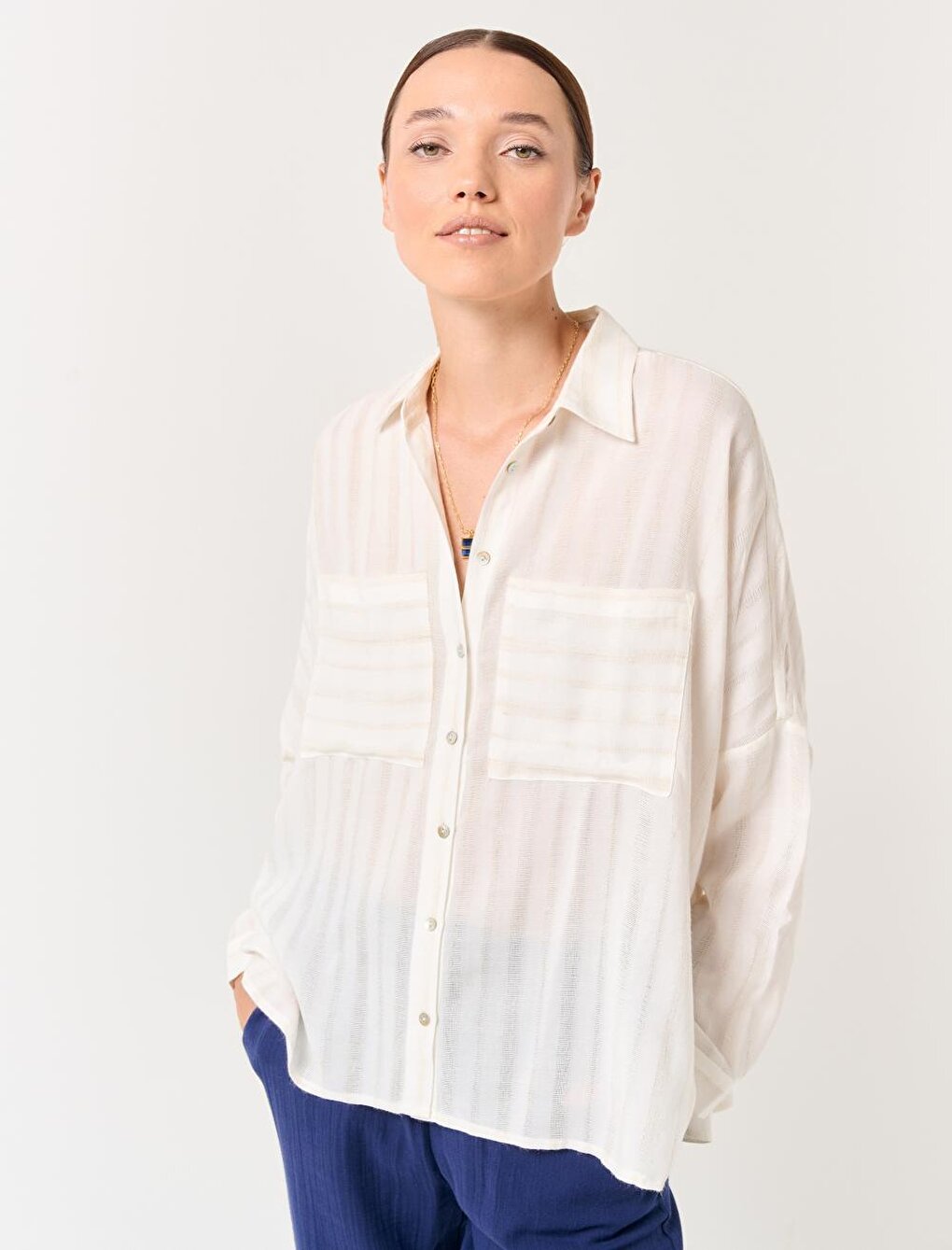 Ecru Loose Shirt Collar Woven Shirt