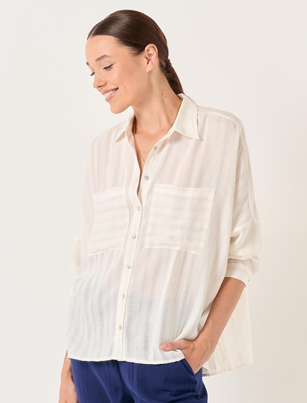 Ecru Loose Shirt Collar Woven Shirt