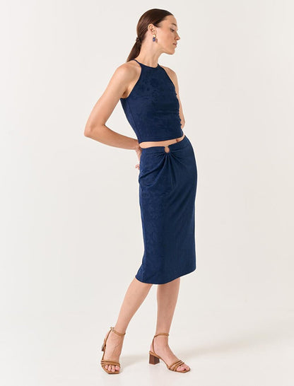 Navy Blue High Waist Hoop Detailed Midi Skirt