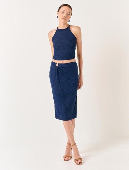 Navy Blue High Waist Hoop Detailed Midi Skirt