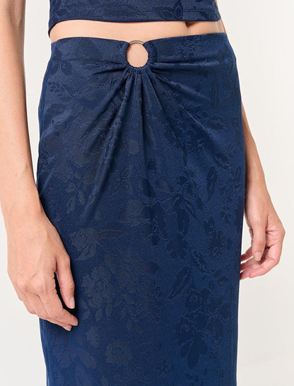 Navy Blue High Waist Hoop Detailed Midi Skirt