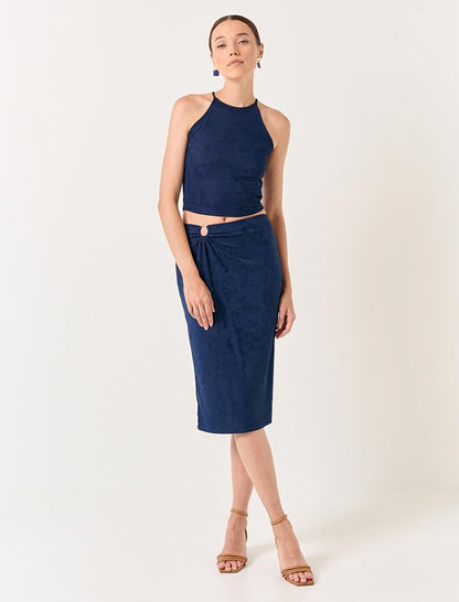 Navy Blue High Waist Hoop Detailed Midi Skirt