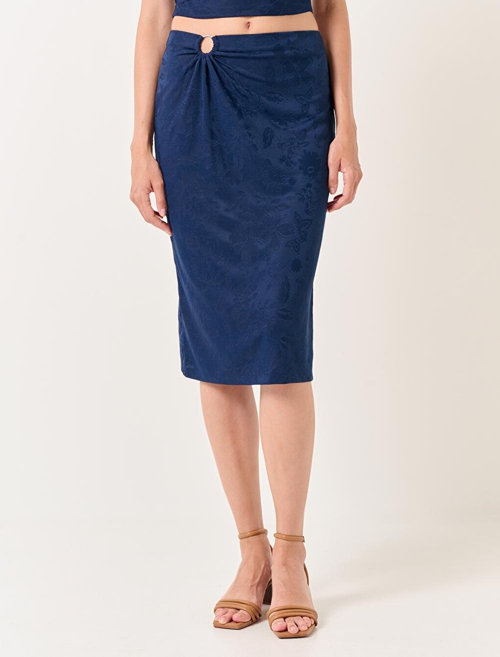 Navy Blue High Waist Hoop Detailed Midi Skirt