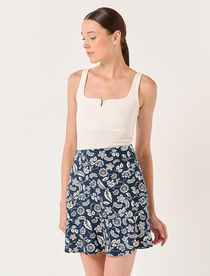 Navy Blue Slim Fit Woven Mini Linen Skirt