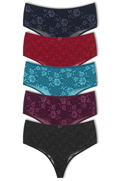 Cotton Front Double Layer Lez Lace High Waist Thong Women's Panties 5 Piece