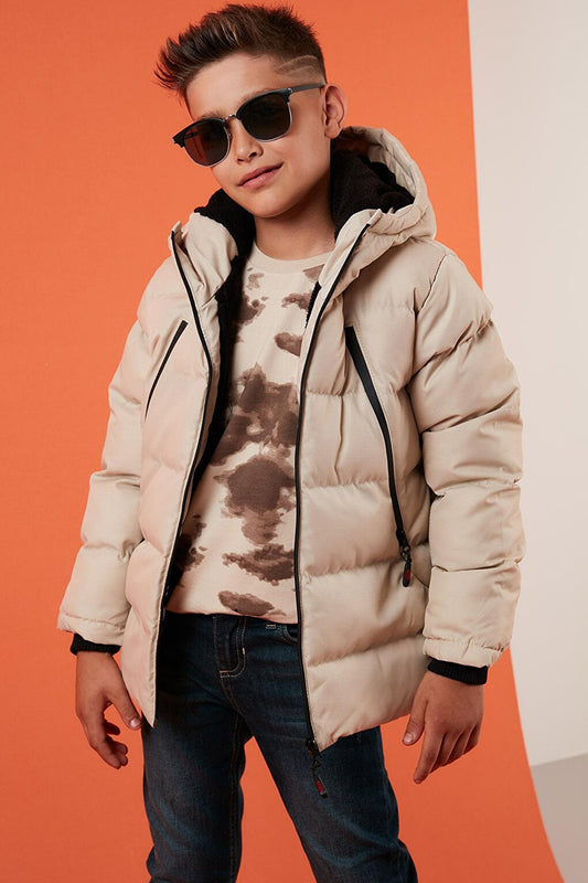 Hooded Puffer Coat with Plush Lining and Zippered Pockets 5760040