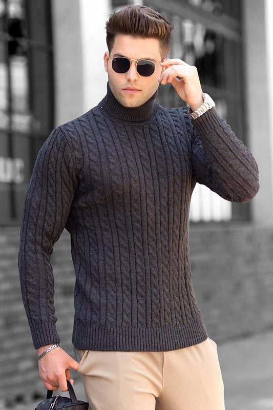 Knitted Patterned Turtleneck Anthracite Sweater 4654