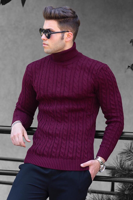 Knitted Patterned Turtleneck Claret Red Sweater 4654