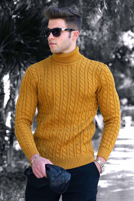 Knitted Patterned Turtleneck Mustard Sweater 4654