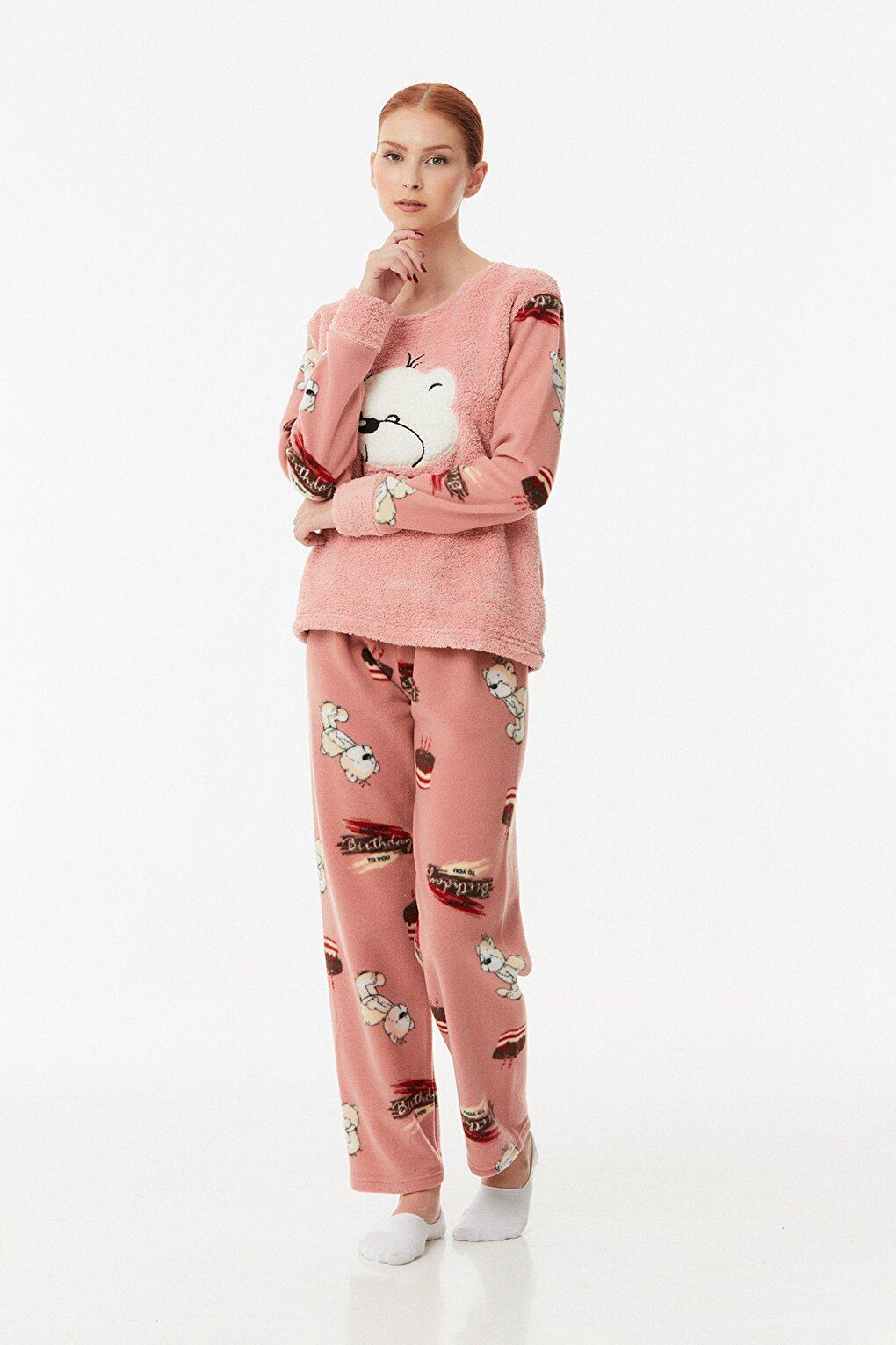 Teddy Bear Embroidered Polar Pajama Set