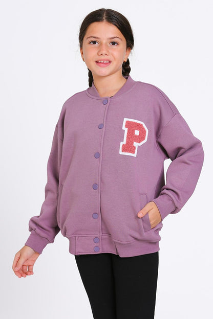 Girl's Plum Vernichten Embroidered College Jacket