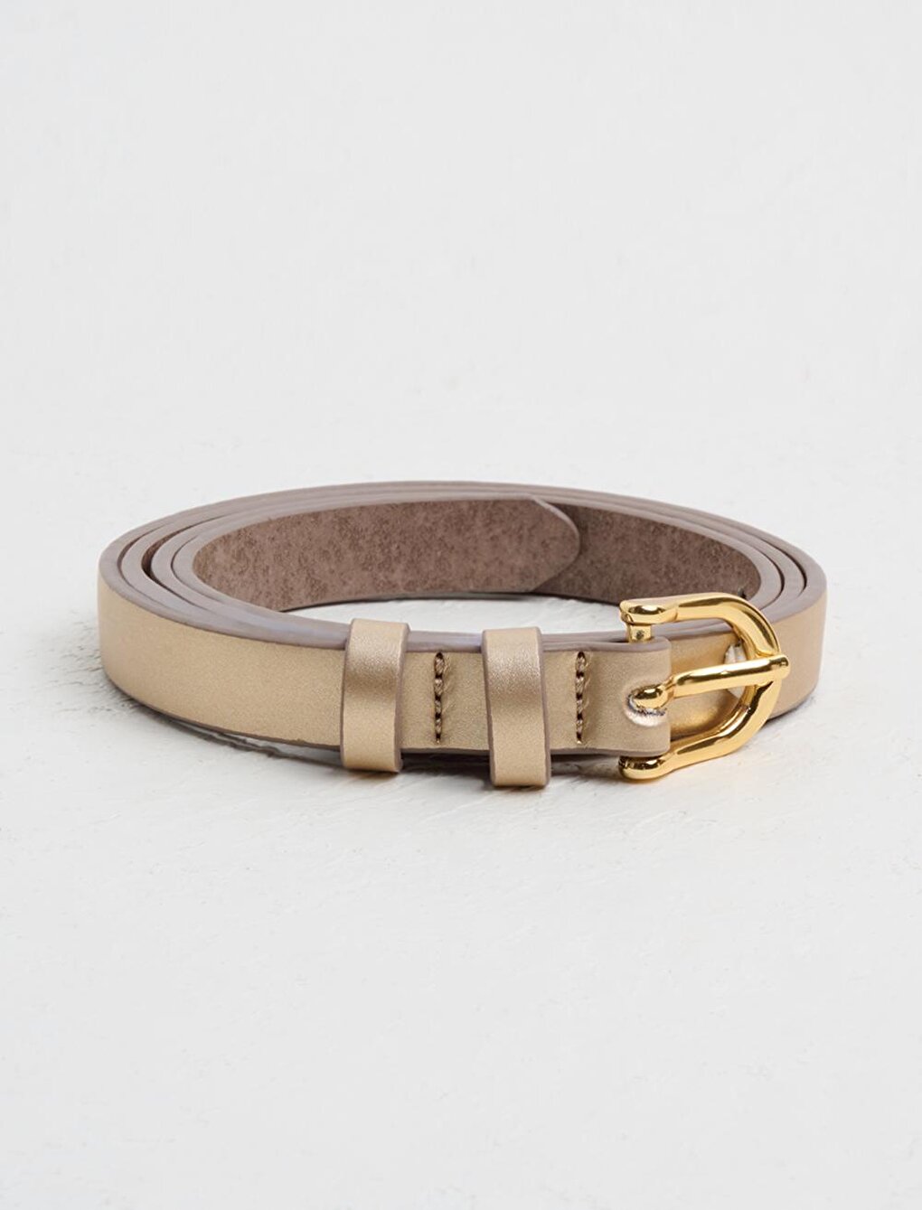 Thin Leather Belt with Gold Shiny Oval Buckle