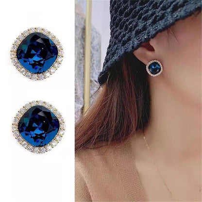 Navy Blue Crystal Square Button Earrings