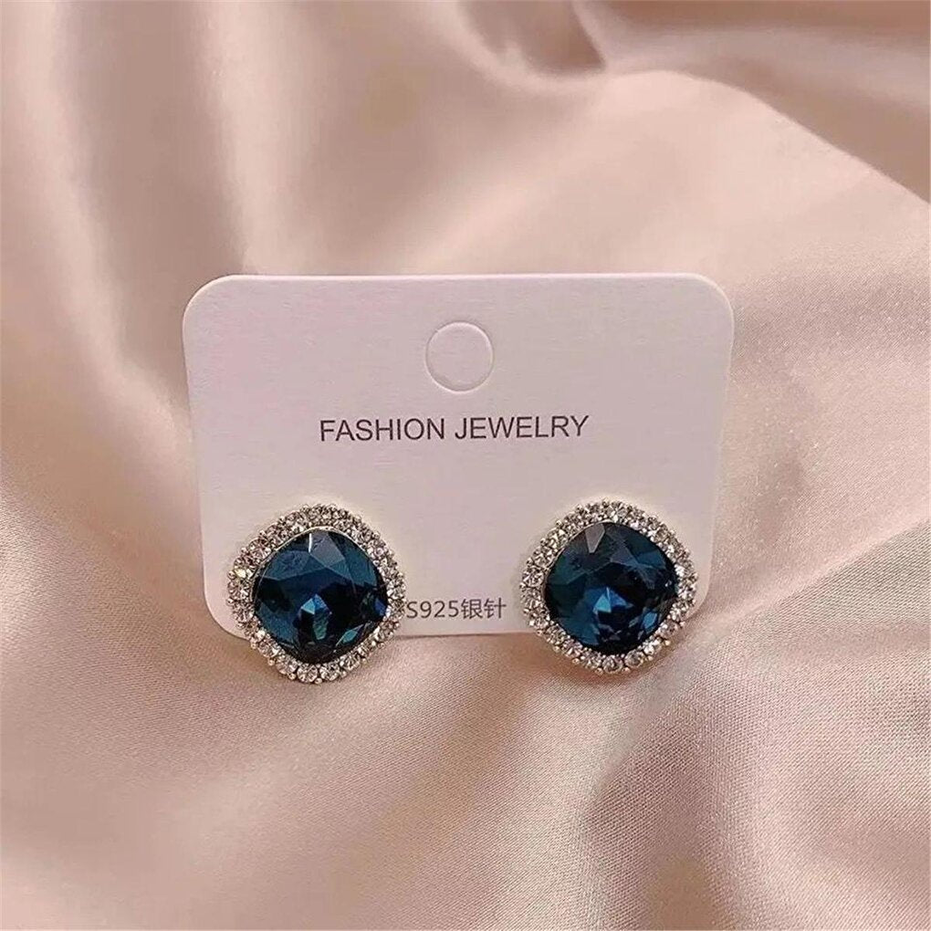 Navy Blue Crystal Square Button Earrings