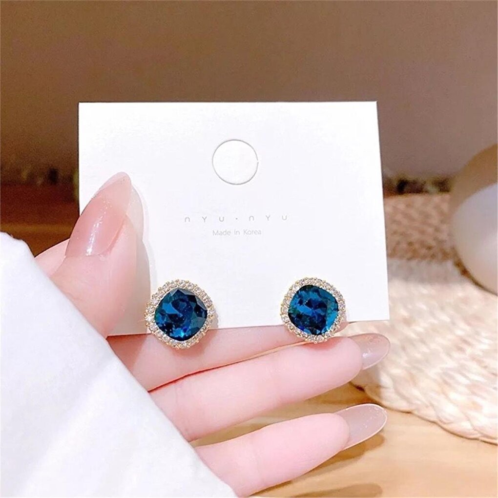 Navy Blue Crystal Square Button Earrings