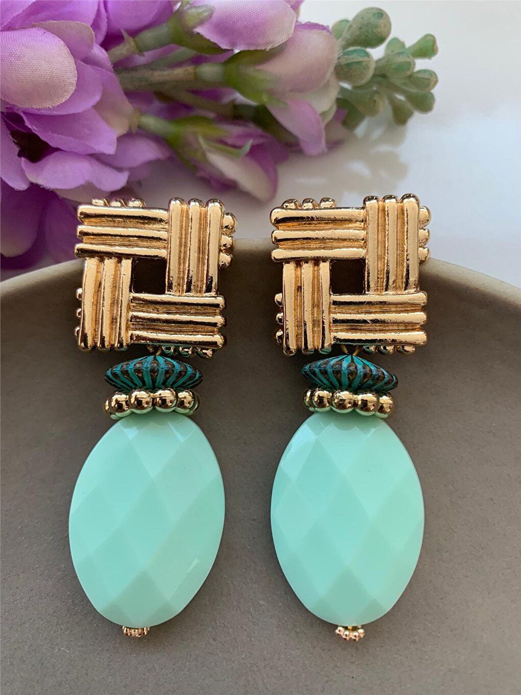 Mint Green Oval Beaded Gold Square Design Earrings