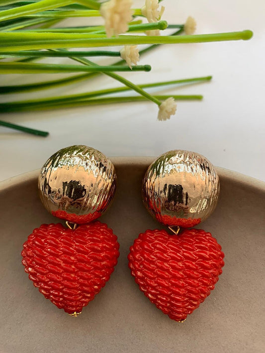 Red Wicker Braided Heart Earrings