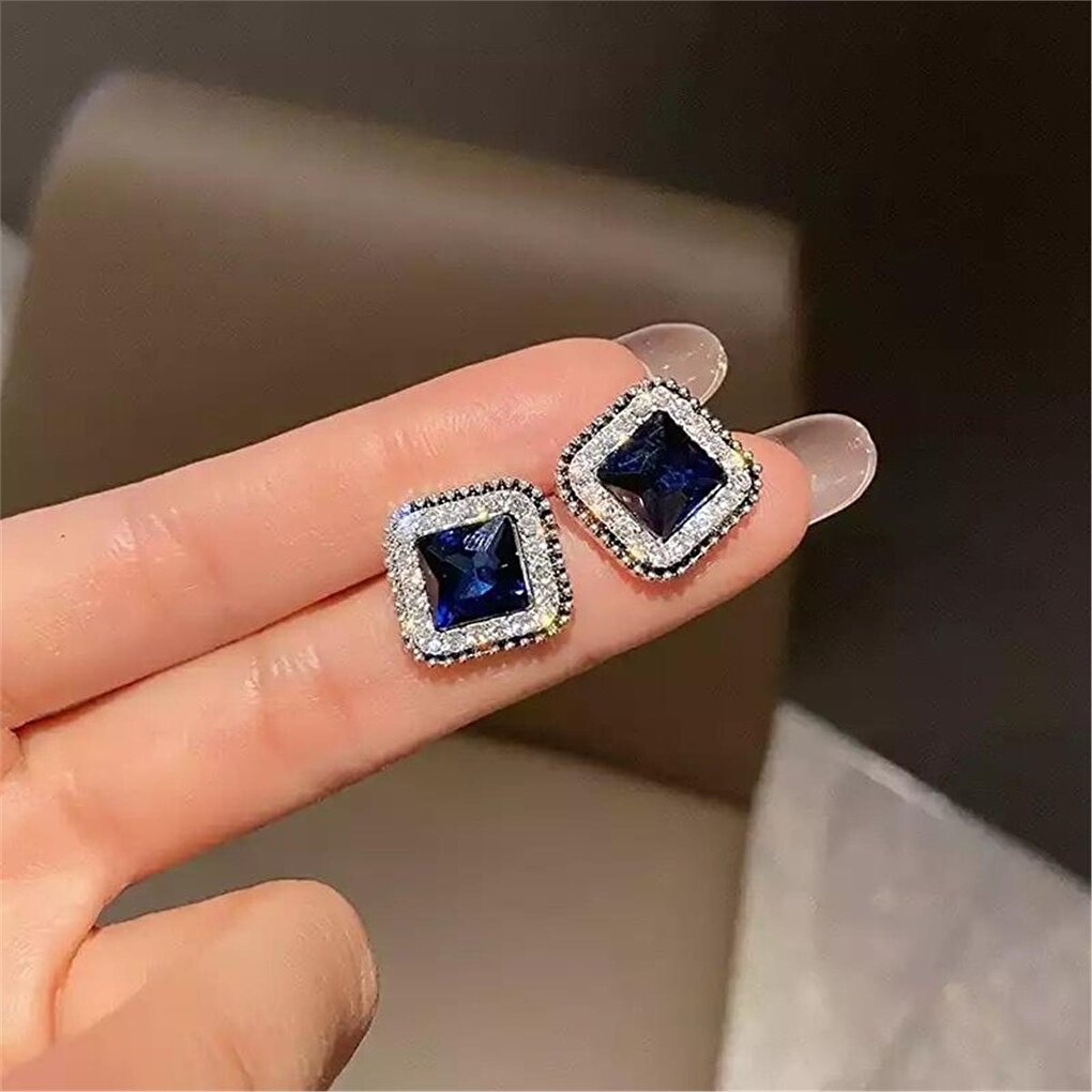 Dark Blue Crystal Square Earrings