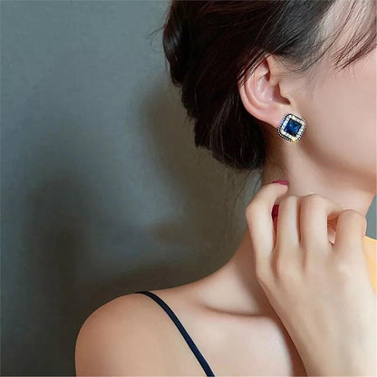 Dark Blue Crystal Square Earrings