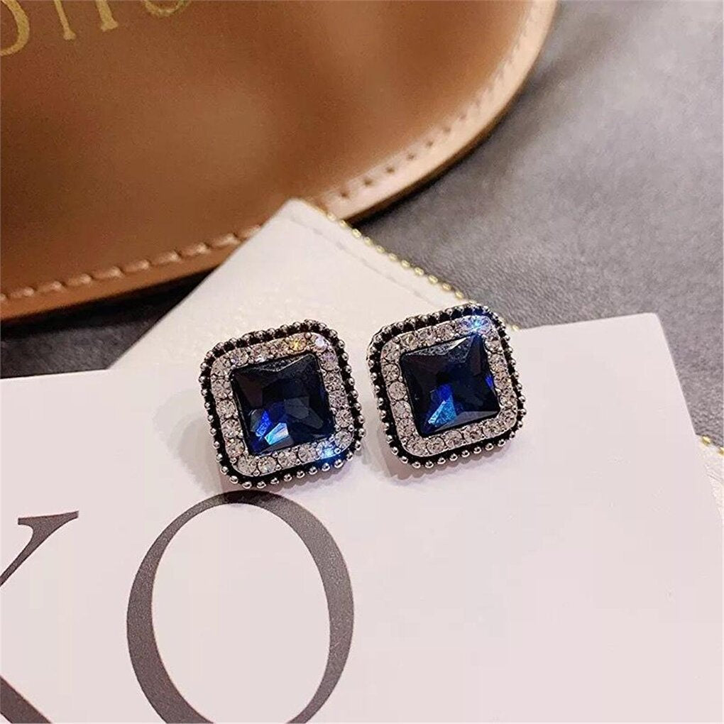 Dark Blue Crystal Square Earrings