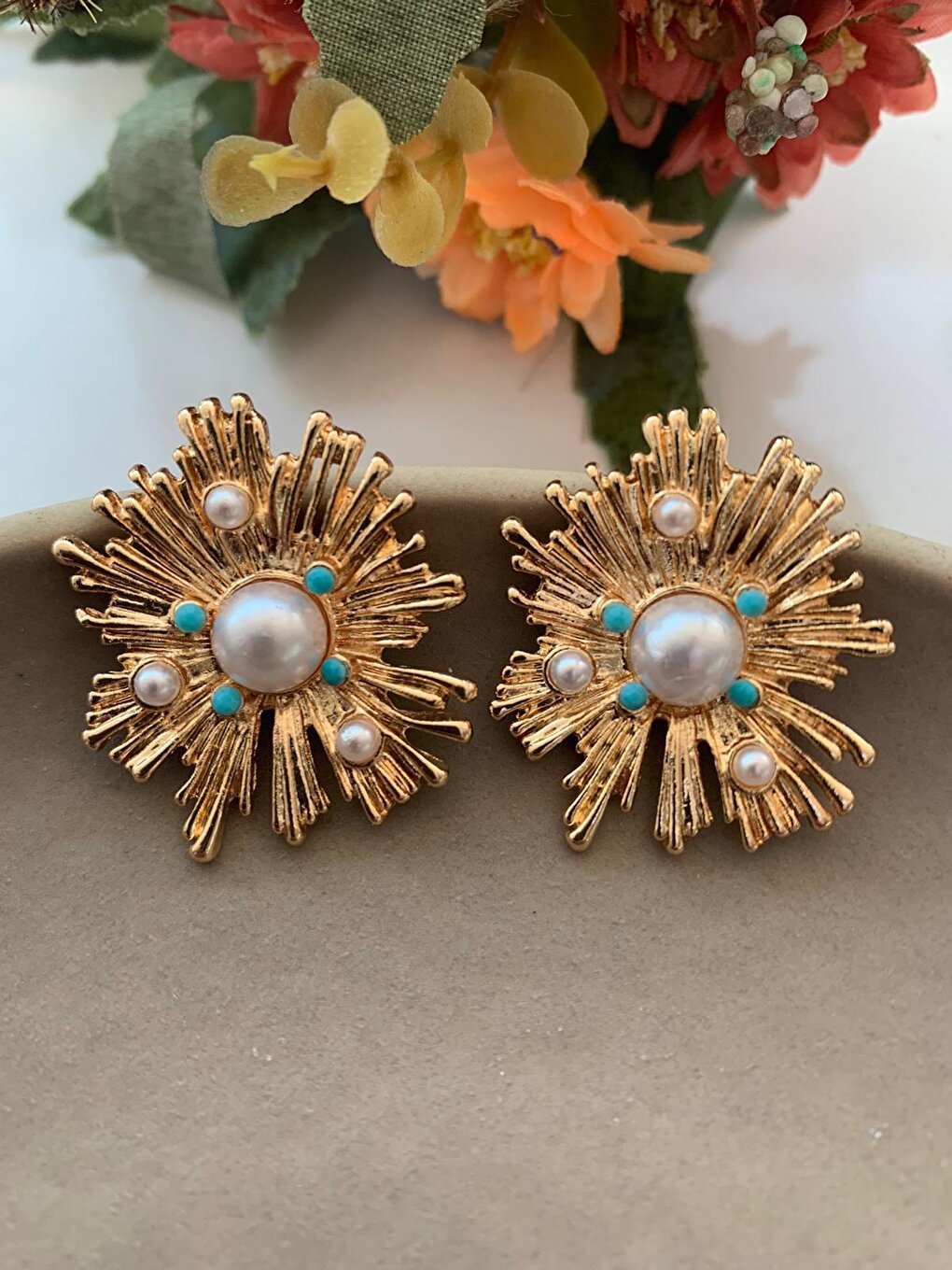 Big Flower Earrings with Pearls and Blue Stones