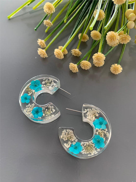 Blue Flower Epoxy Hoop Earrings