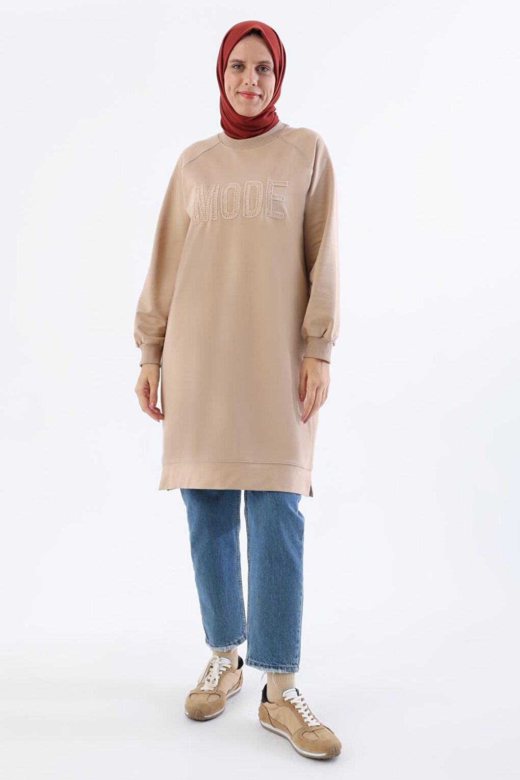 Beige Mode Embroidered Raglan Sleeve Tunic