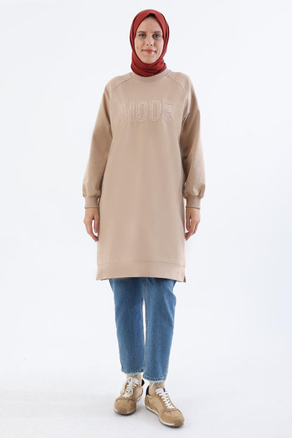 Beige Mode Embroidered Raglan Sleeve Tunic