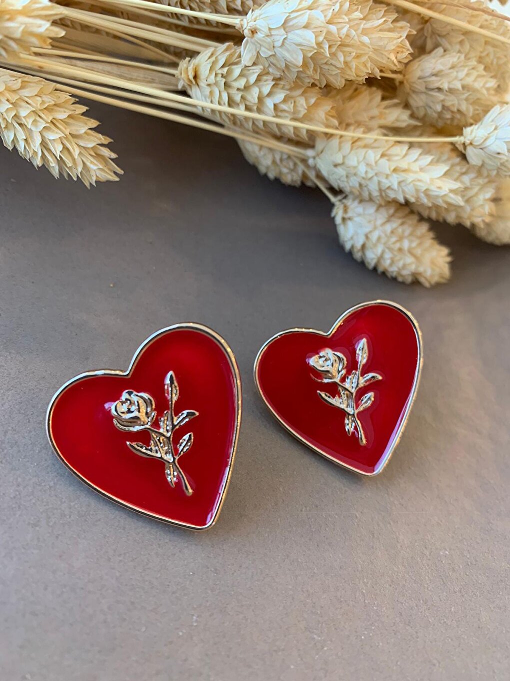 Red Heart Earrings with Flower Detail